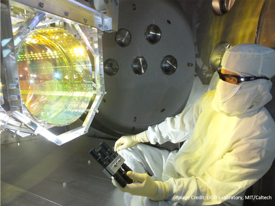 Picture of an Advanced LIGO mirror as installed at the LIGO observatory. 